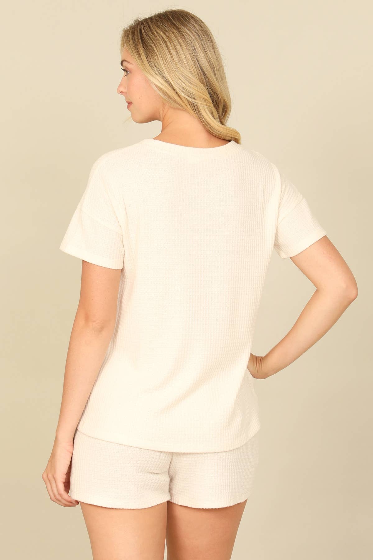 BRUSHED WAFFLE SHORT SLEEVE TOP AND ELASTIC WAIST SHORTS SET