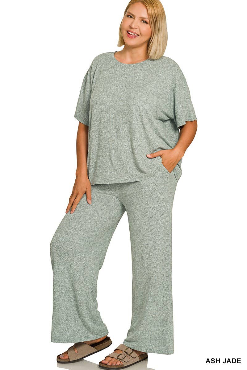 Plus Soft Melange Short Sleeve Tee And Long Pants Set