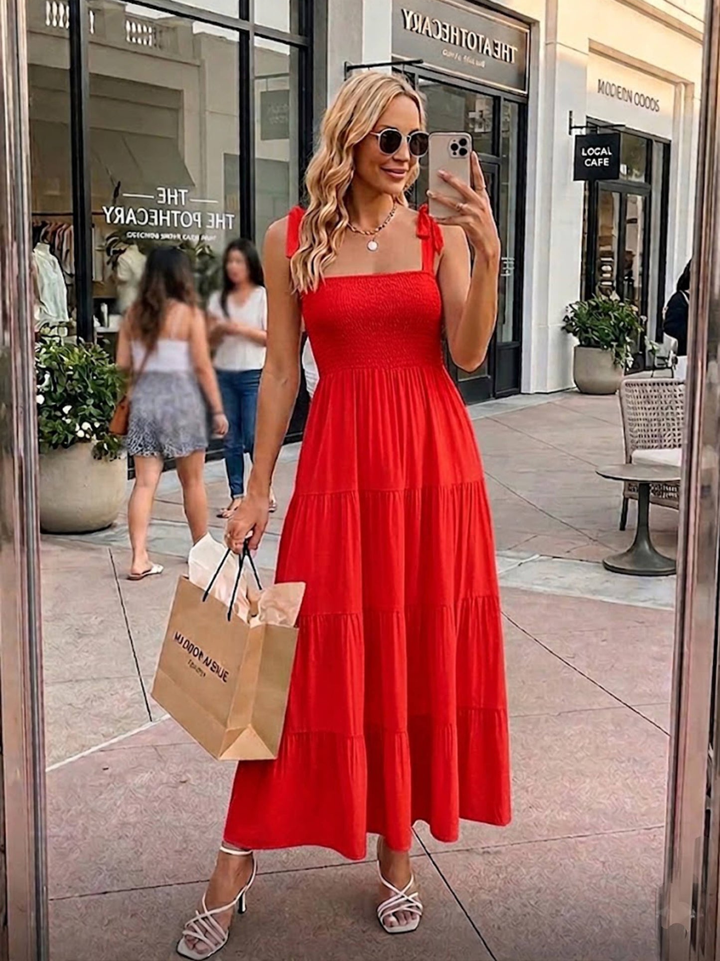 Smocked Tie-Shoulder Tiered Midi Dress