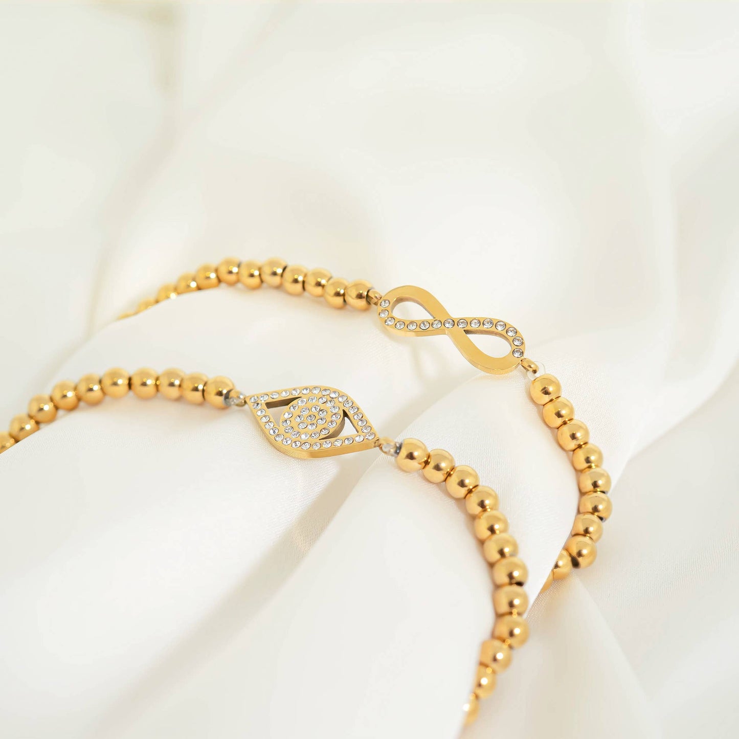 18K Gold PVD Stainless Steel Stone Infinity Sign Metal Beaded Stretch Bracelet