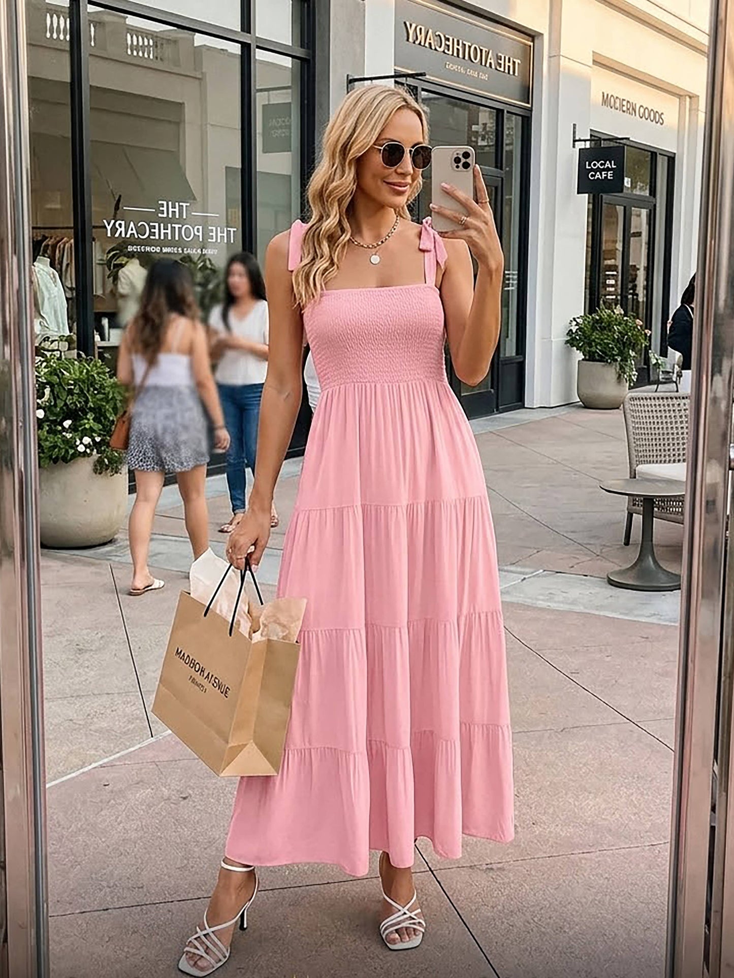 Smocked Tie-Shoulder Tiered Midi Dress