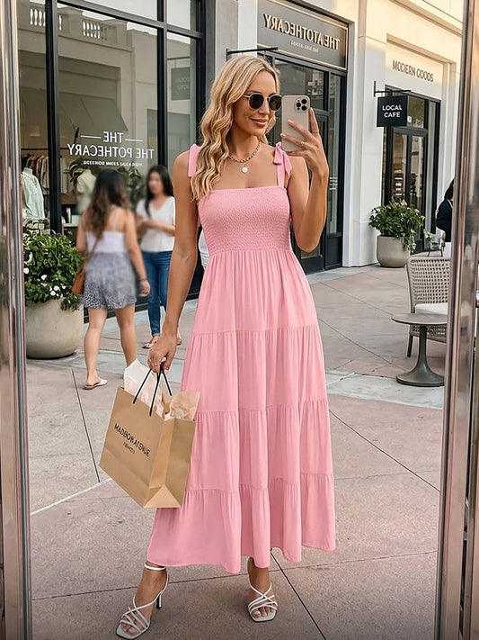Smocked Tie-Shoulder Tiered Midi Dress