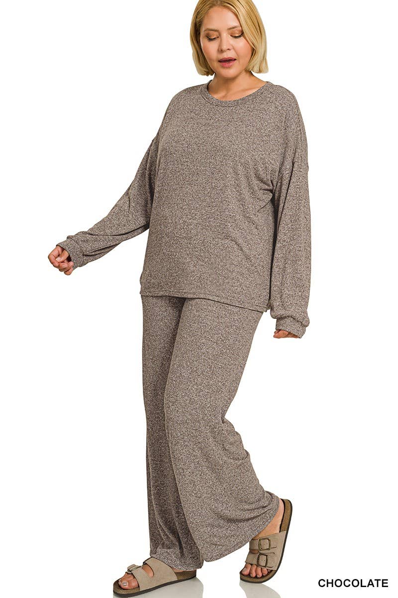 Plus Soft Melange Hacci Long Slv Tee And Pants Set