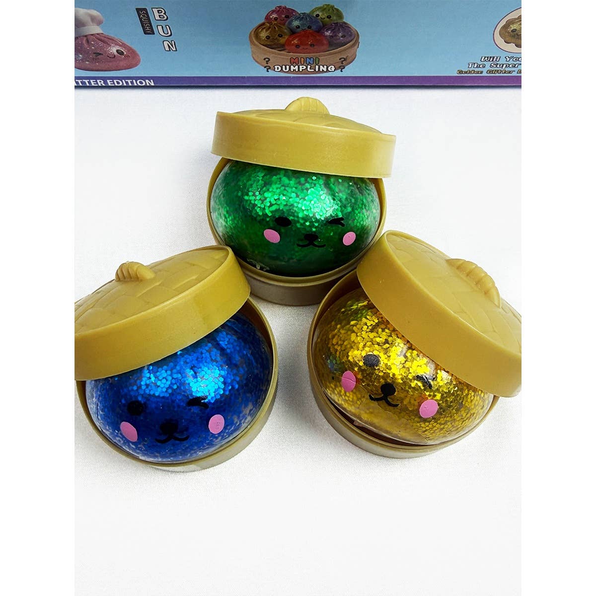 12pcs Mini Glittered Dumpling Squishy with Steamer