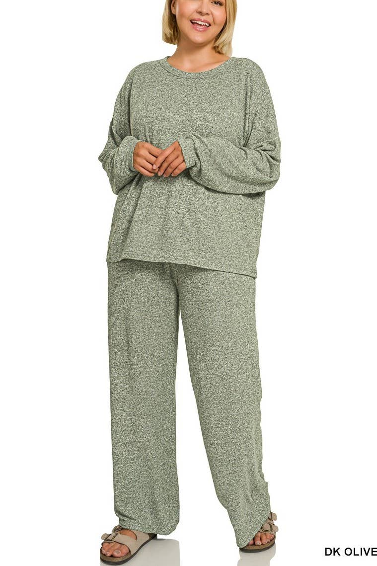 Plus Soft Melange Hacci Long Slv Tee And Pants Set