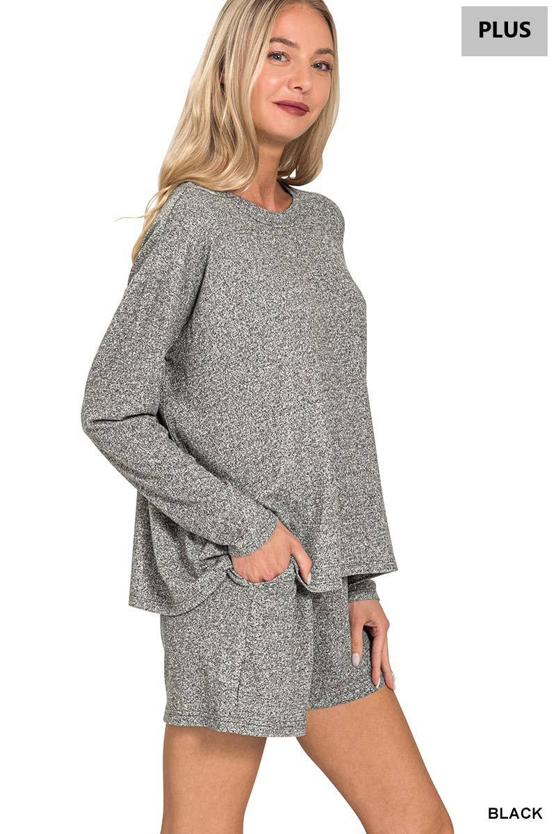 Plus Soft Melange Long Sleeve Tee And Shorts Set